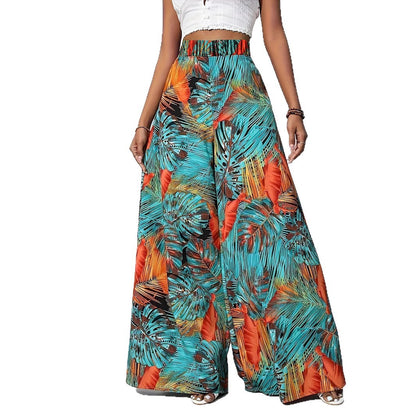 Damen Palazzo-Hose mit lebendigem Palmenmuster und elastischem High-Waist-Bund Stalluxe