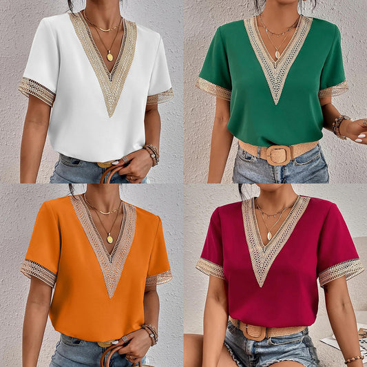 Damen Elegante Bluse mit V-Ausschnitt und dekorativen Spitzenapplikationen Stalluxe
