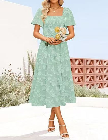 Damen Midi-Kleid mit strukturiertem Oberteil und voluminösen Ärmeln Stalluxe