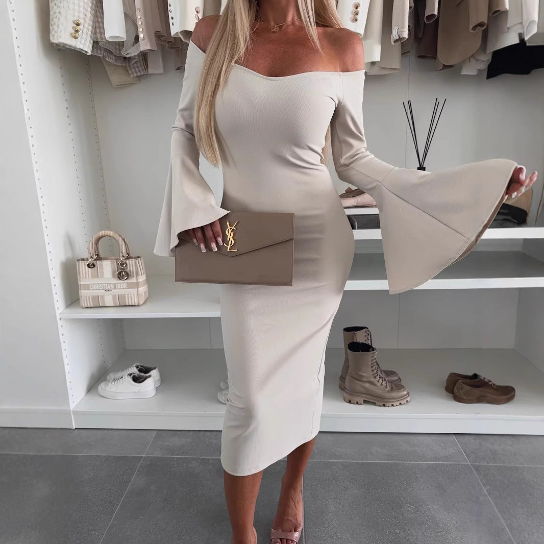 Damen Kleid mit schulterfreiem Ausschnitt und ausgestellten Ärmeln Stalluxe Aprikose