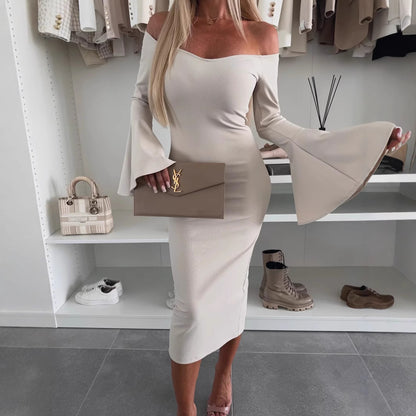 Damen Kleid mit schulterfreiem Ausschnitt und ausgestellten Ärmeln Stalluxe Aprikose