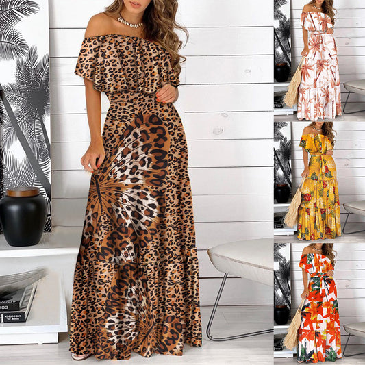 Damen Maxikleid mit schulterfreiem Design und animalischem Muster Stalluxe