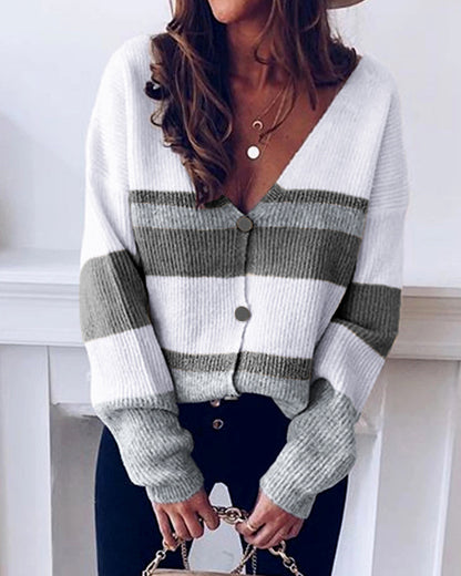 Damen modischer Strickcardigan mit V-Ausschnitt und trendigen Farbblockstreifen Stalluxe
