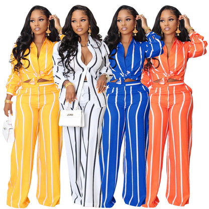 Damen Elegantes gestreiftes Set mit Bluse und Palazzo-Hose Stalluxe