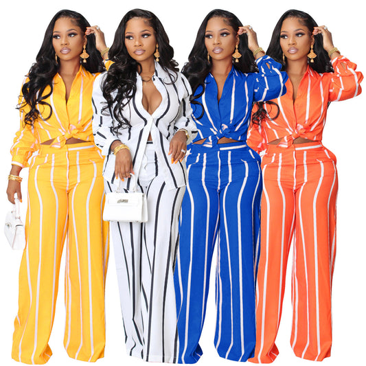 Damen Elegantes gestreiftes Set mit Bluse und Palazzo-Hose Stalluxe