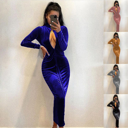 Damen elegantes Abendkleid mit tiefem V-Ausschnitt und langem Arm Stalluxe