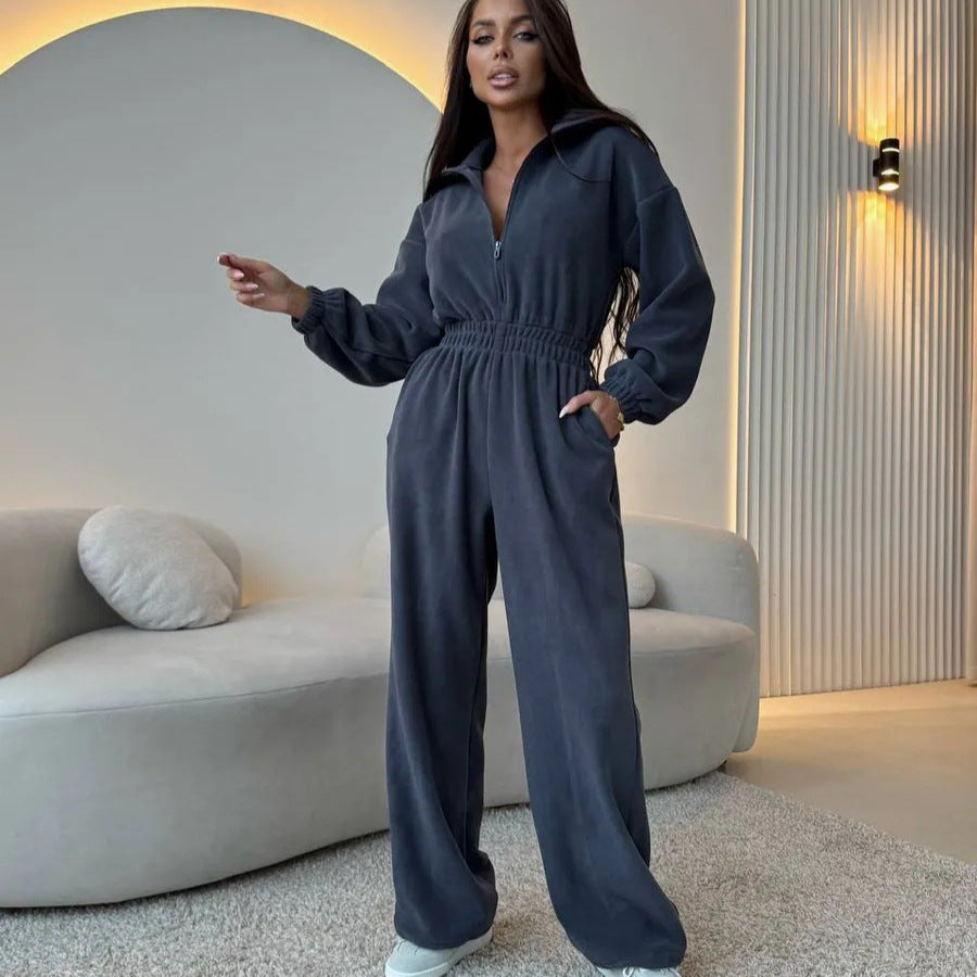 Damen modischer Fleece-Jumpsuit mit Reißverschluss und weitem Bein Stalluxe