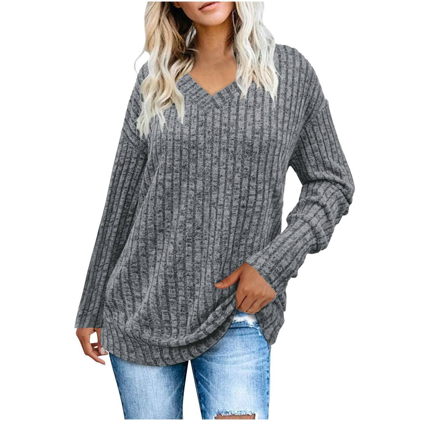 Damen V-Ausschnitt Pullover mit feinen Streifen Stalluxe