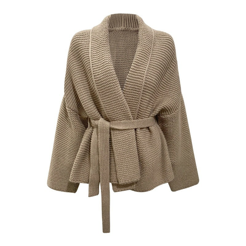 Damen gemütliche Strickjacke mit breitem Gürtel und angeschnittenen Ärmeln Stalluxe