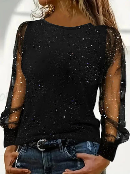 Damen elegantes Oberteil mit glitzernden transparenten Ärmeln Stalluxe