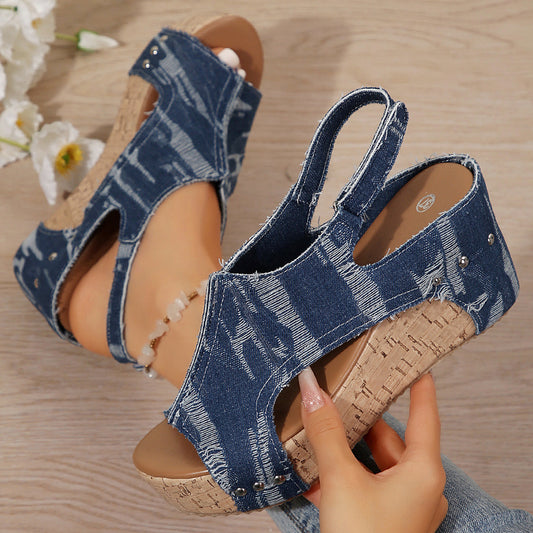 Damen Keil-Sandalen im modischen Denim-Look mit elastischer Fußbettgestaltung Stalluxe