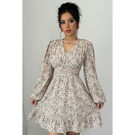 Damen Blütenverziertes Minikleid mit tiefem V-Ausschnitt und voluminösen Ärmeln Stalluxe