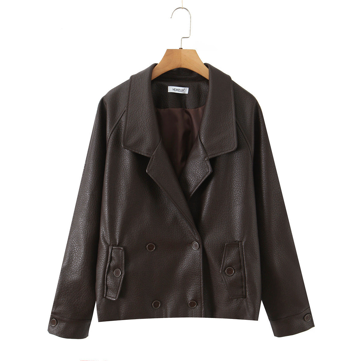 Damen modische Kunstlederjacke mit doppelter Knopfleiste und großem Revers Stalluxe