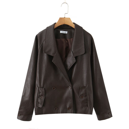 Damen modische Kunstlederjacke mit doppelter Knopfleiste und großem Revers Stalluxe