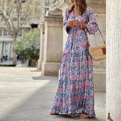 Damen Maxikleid mit gebundenem V-Ausschnitt und voluminösen Ärmeln Stalluxe