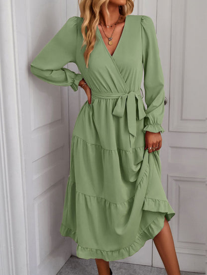 Damen elegantes Wickelkleid mit Rüschendetails und Taillengürtel Stalluxe