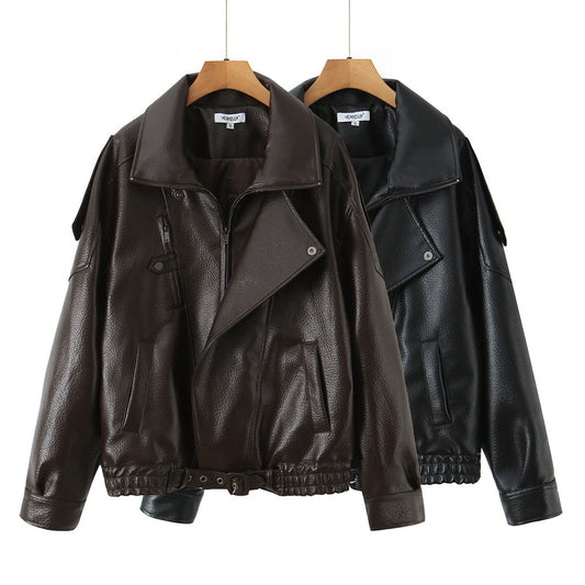 Damen Modische Kunstlederjacke mit erotischem Revers und elastischem Saum Stalluxe