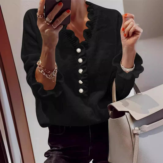Damen Bluse mit Rüschensaum und dekorativen Knöpfen Stalluxe