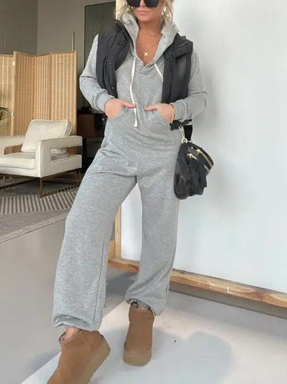 Damen bequemer Hoodie-Jumpsuit mit tiefem V-Ausschnitt und Kordelzug Stalluxe