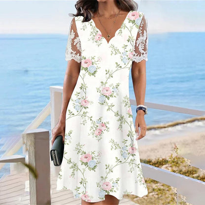 Damen Blumenkleid mit luftigen Spitzenärmeln und elegantem V-Ausschnitt Stalluxe