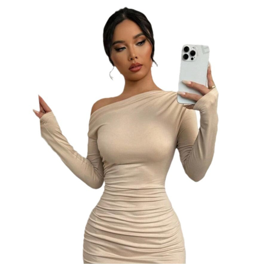 Damen körperbetontes Wickelkleid mit asymmetrischem Ausschnitt und langen Ärmeln Stalluxe