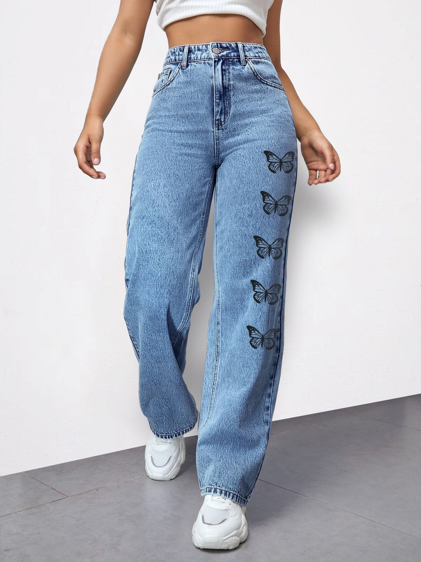 Damen Weit geschnittene Jeans mit modischem Schmetterlingsdesign Stalluxe