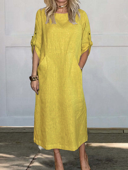 Damen luftiges Midi-Kleid mit praktischen Taschen und umschlagbaren Ärmeln Stalluxe