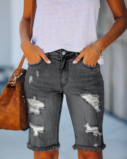Damen lässige Denim-Shorts mit fransigem Saum und auffälligem Used-Look Stalluxe