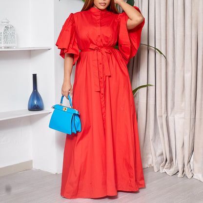 Damen Maxi-Kleid mit eleganten Puffärmeln und schmalem Taillengürtel Stalluxe