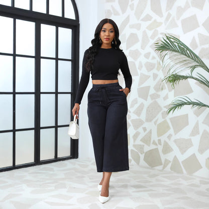 Damen weite Denim-Hose mit elastischem Bund und Kordelzug Stalluxe
