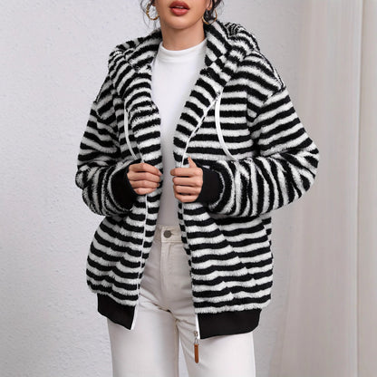 Damen kuschelige Kapuzenjacke mit gestreiftem Design und großer Tasche Stalluxe