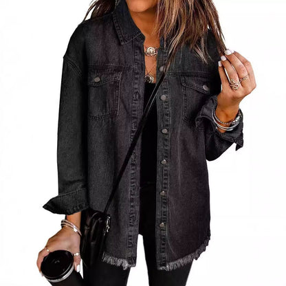 Damen lässige Jeansjacke mit fransigen Säumen und aufgesetzten Taschen Stalluxe