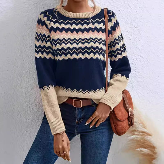 Damen elegante Strickpullover mit modernem Zick-Zack-Muster und Rundhalsausschnitt Stalluxe