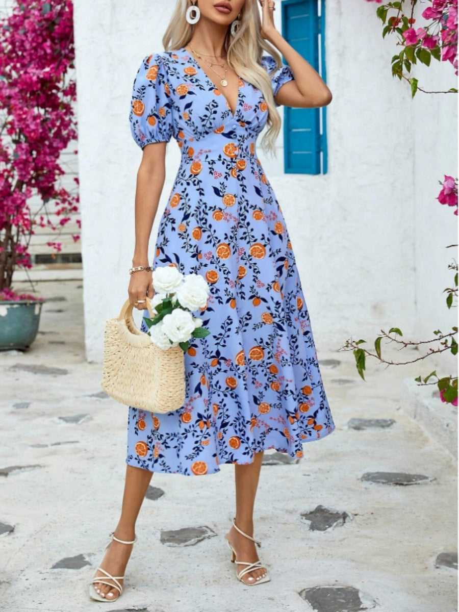 Damen Maxikleid mit durchgehendem Blumendruck und elegantem V-Ausschnitt Stalluxe