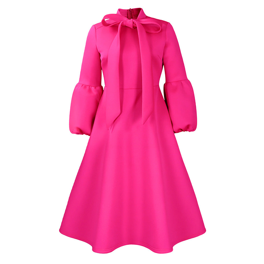 Damen Midi-Kleid mit bindbarem Kragen und voluminösen Ärmeln Stalluxe