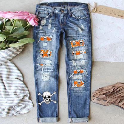 Damen Skinny Jeans mit auffälligen Totenkopf-Mustern Stalluxe