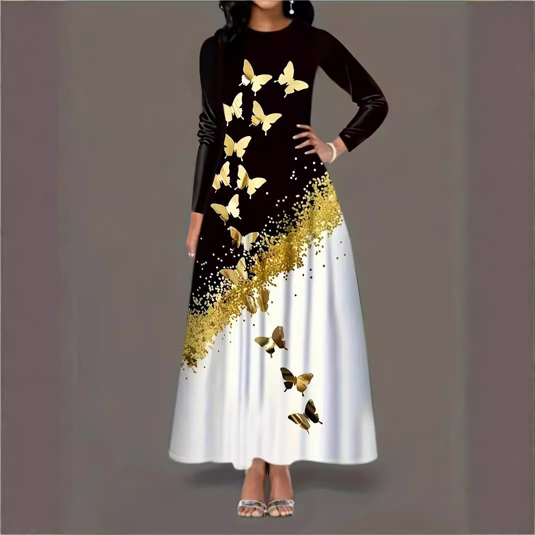 Damen Maxikleid mit elegantem Schmetterlingsmuster und funkelndem Goldakzent Stalluxe