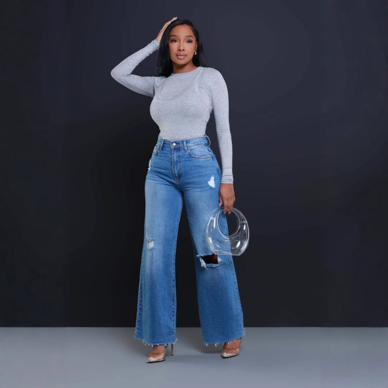 Damen Weit geschnittene Jeans mit stylishen Distressed-Details Stalluxe