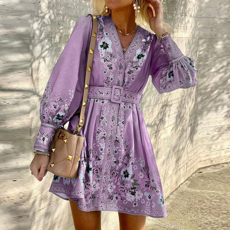 Damen elegantes Blumenkleid mit Taillengürtel und Puffärmeln Stalluxe
