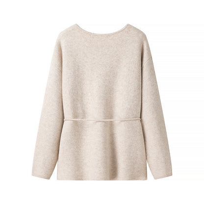 Damen lockere Strickjacke mit Taillenschnürung und weitem V-Ausschnitt Stalluxe