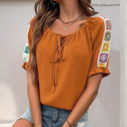 Damen modische Bluse mit gestickten Ärmeln und flexiblem Ausschnitt Stalluxe