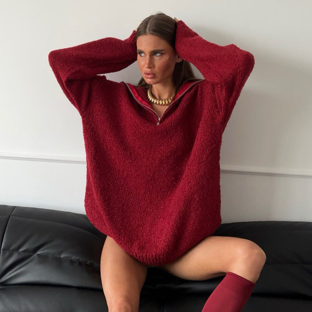 Damen Oversized Fleece-Pullover mit hohem Kragen und Reißverschluss Stalluxe Rot