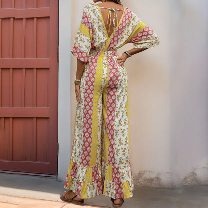Damen Maxi-Jumpsuit mit floralen Mustern und voluminösen Ärmeln Stalluxe