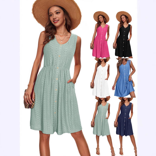 Damen Sommerliches Knopfkleid mit elastischem Taillenband und praktischen Taschen Stalluxe