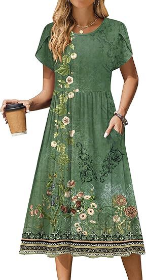 Damen Midi-Kleid mit rundem Halsausschnitt und praktischen Taschen Stalluxe
