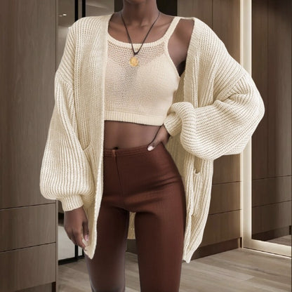 Damen Offener Strickcardigan mit voluminösen Ärmeln und praktischen Taschen Stalluxe