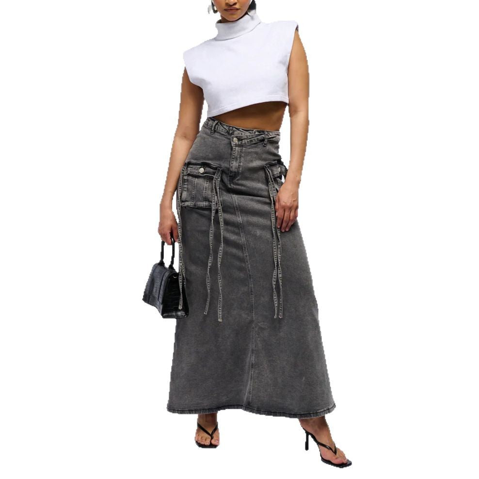 Damen Langer Denim-Rock mit hochgezoggtem Bund und praktischen Taschen Stalluxe