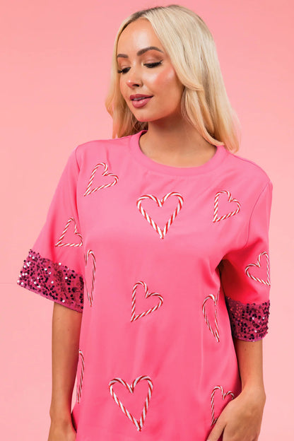 Damen Sportliches T-Shirt mit frechem Herzmotiv und glitzernden Ärmeln Stalluxe