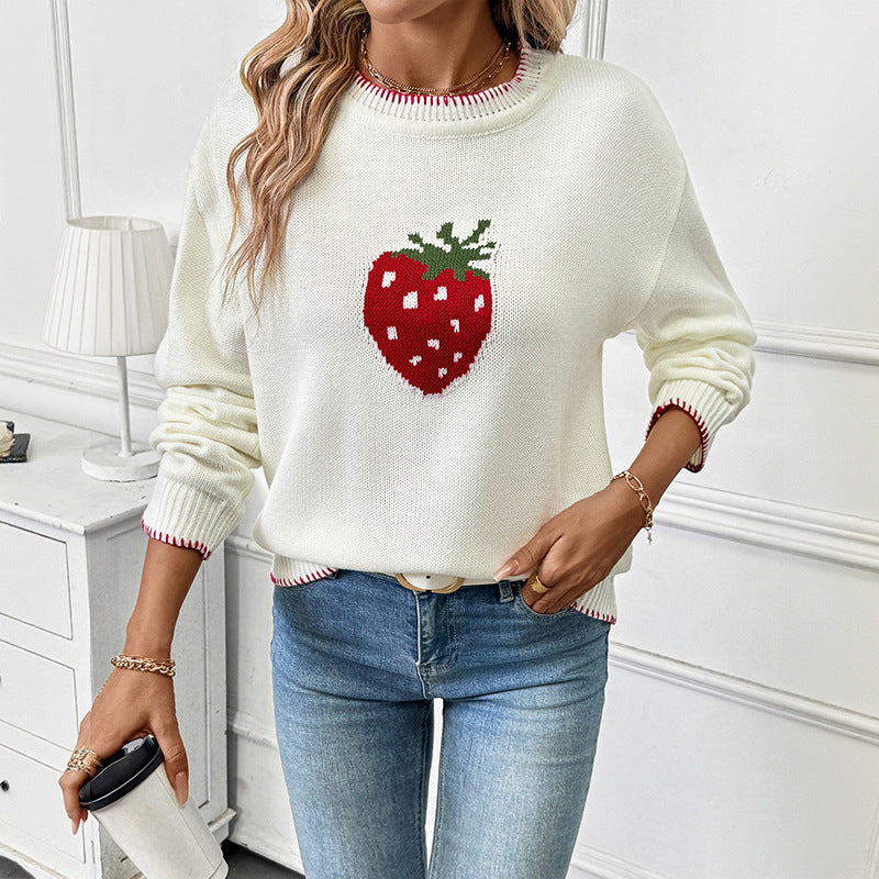Damen Pullover mit Erdbeer-Motiv und Rippdetails Stalluxe