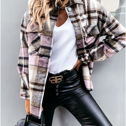 Damen Karo-Hemdenjacke im Oversized-Stil mit Druckknopfverschluss Stalluxe